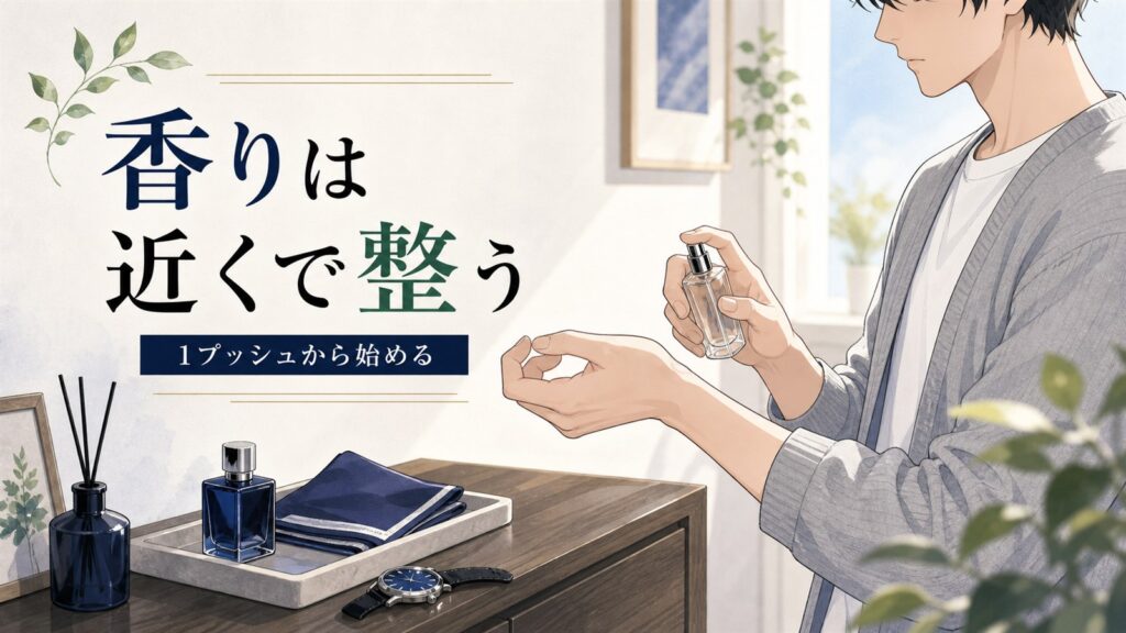 メンズ香水の付け方を初心者向けに伝える外出前の身だしなみイラスト