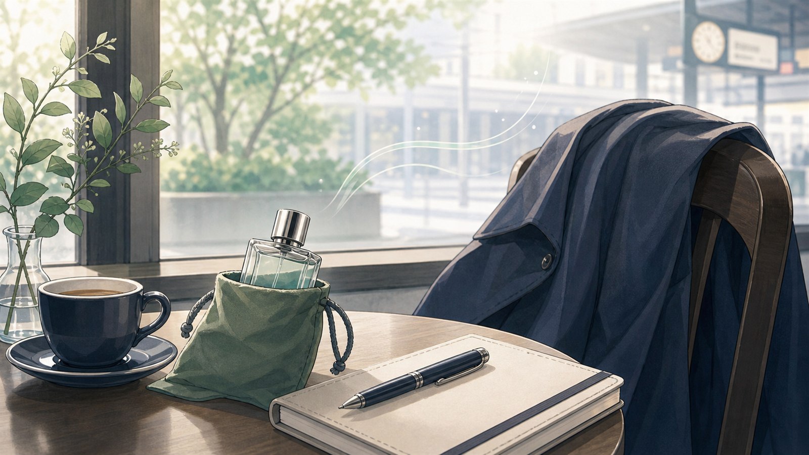 メンズ香水の付け方で近くでふわっと香る程度を示す小物イラスト