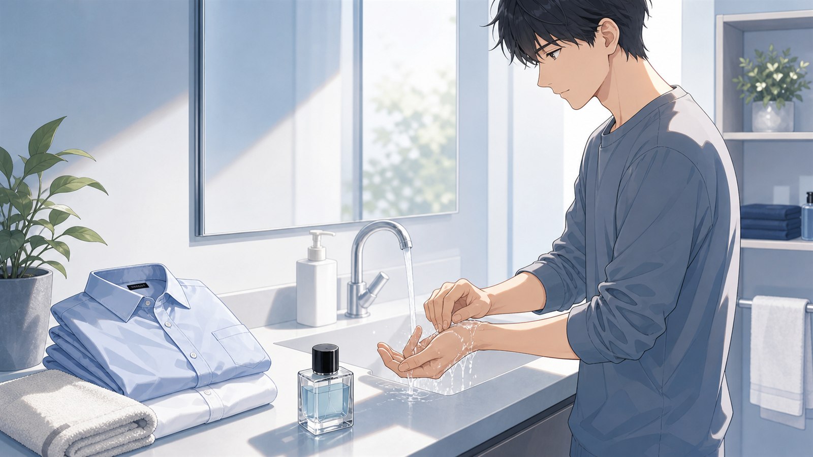 メンズ香水をつけすぎた時に手首を洗って戻すイラスト