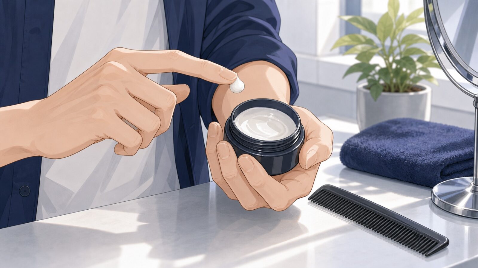 少量のワックスを指先で取る男性の手元イラスト