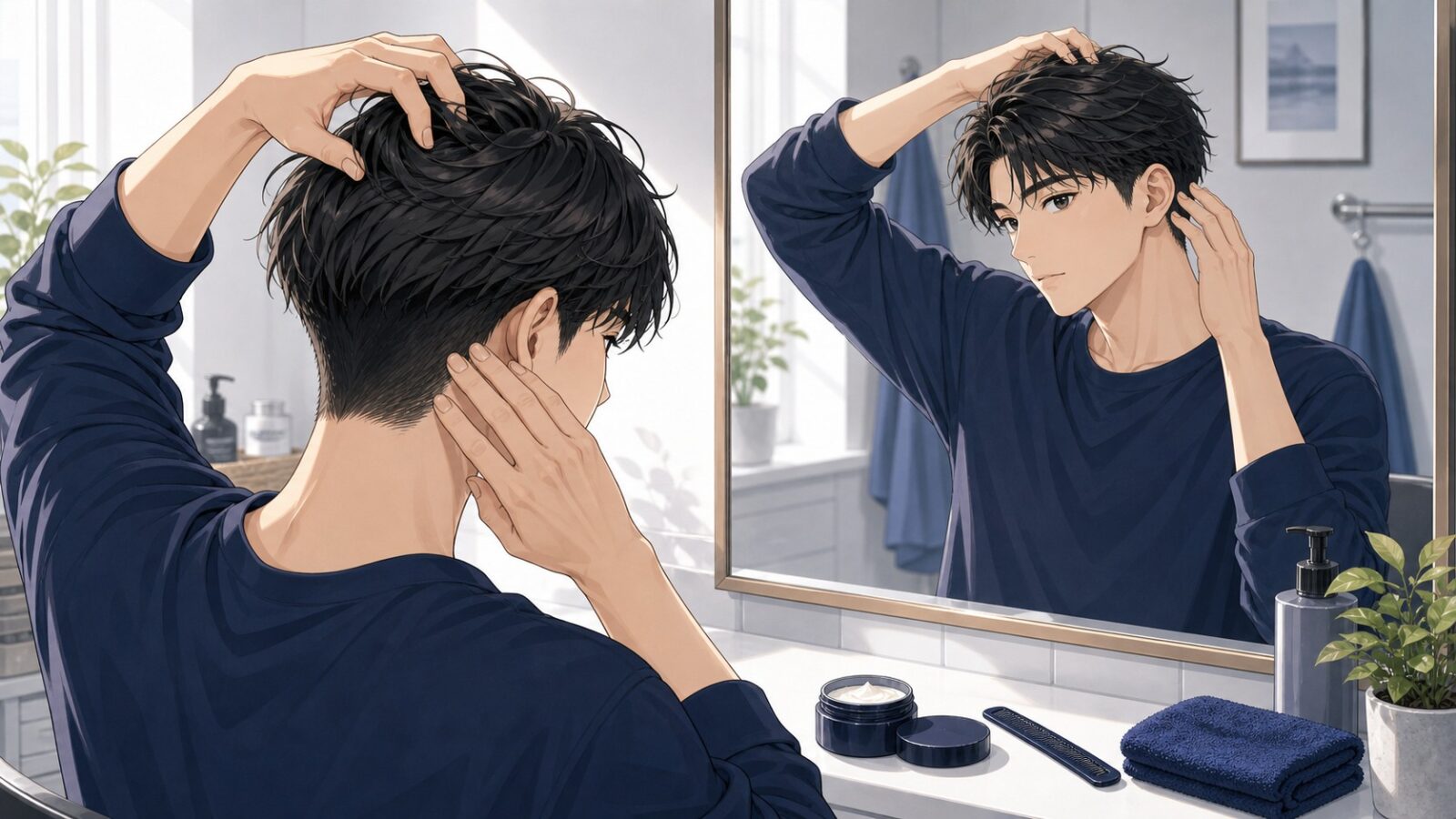 後ろと内側からワックスをなじませる男性のイラスト