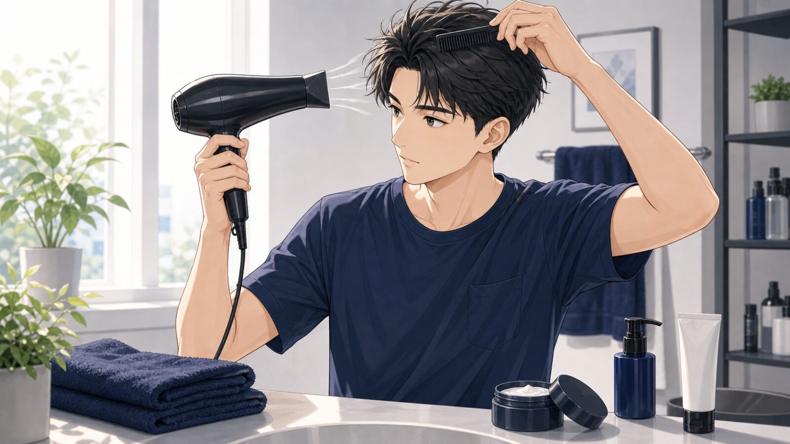 ワックスをつける前にドライヤーとコームで髪を乾かす男性のイラスト
