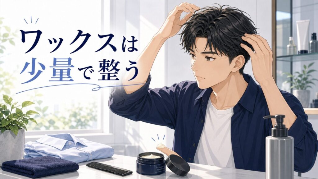 朝の洗面台で少量のワックスを使って髪を整える男性のアイキャッチイラスト