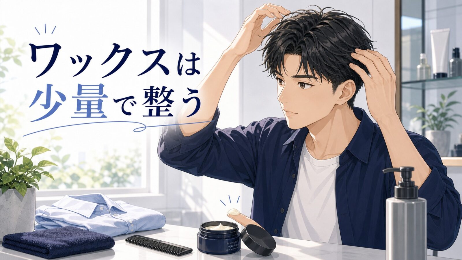 朝の洗面台で少量のワックスを使って髪を整える男性のアイキャッチイラスト