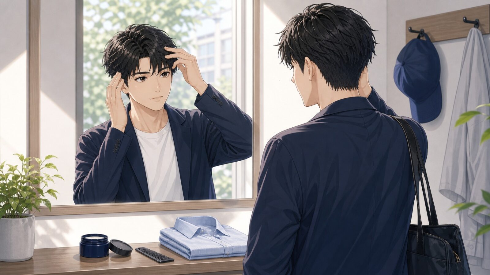 前髪とサイドのシルエットを鏡で確認する男性のイラスト