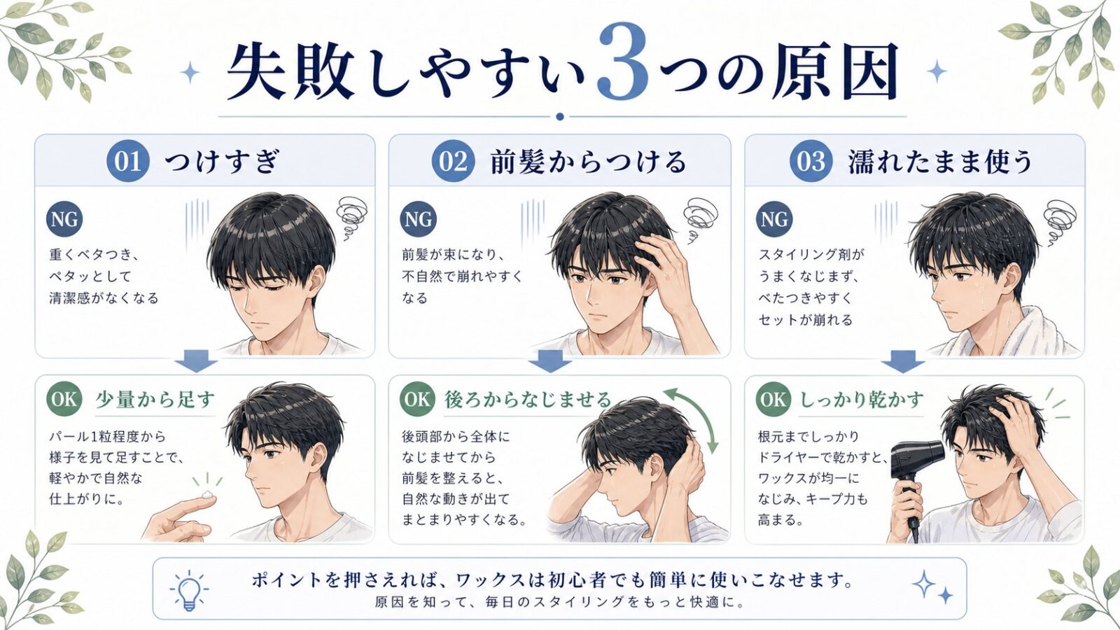 ワックスで失敗しやすいつけすぎ前髪からつける濡れたまま使う原因を示した日本語図解