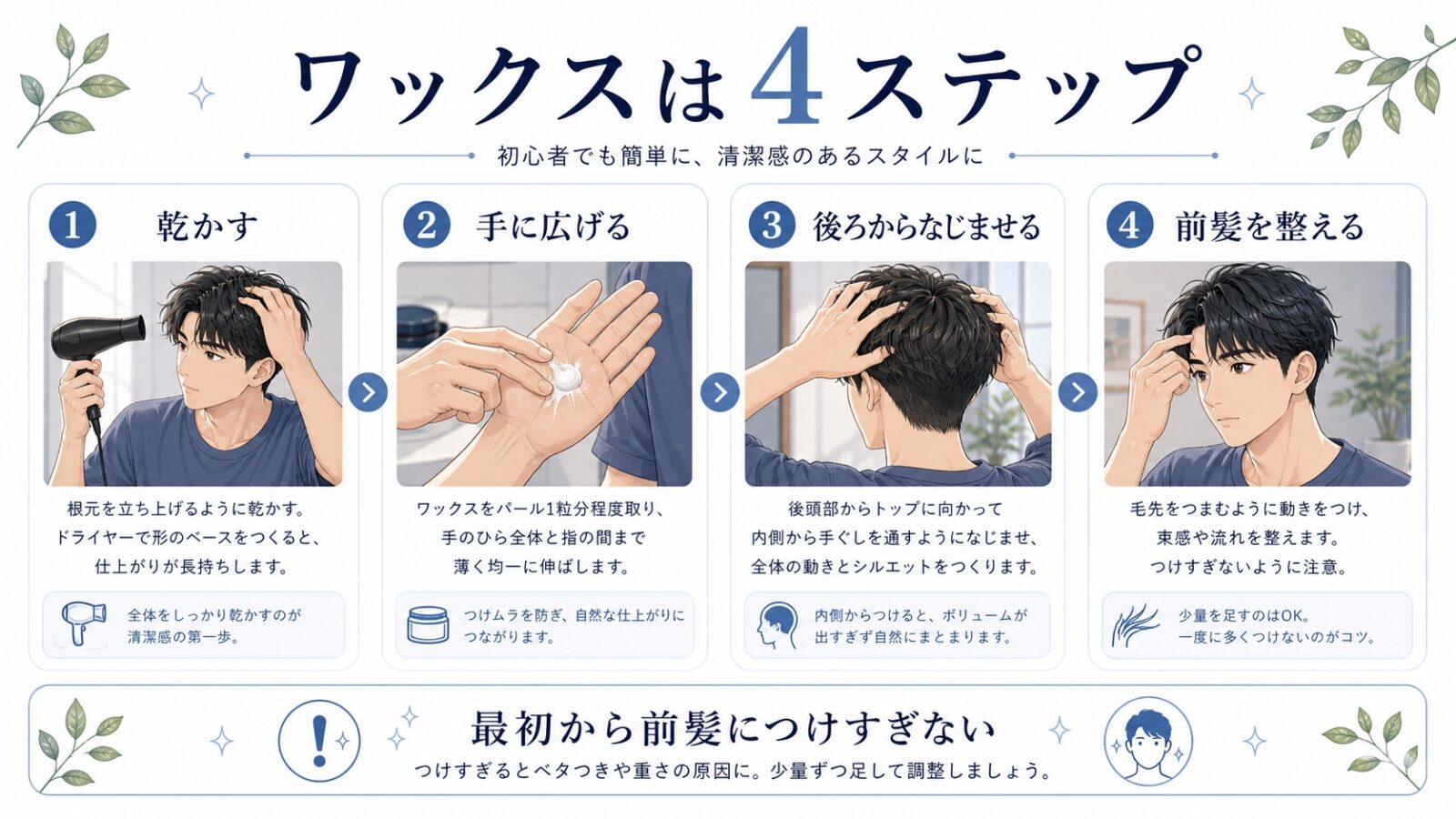 メンズワックスの付け方を乾かす手に広げる後ろからなじませる前髪を整える4ステップで示した日本語図解