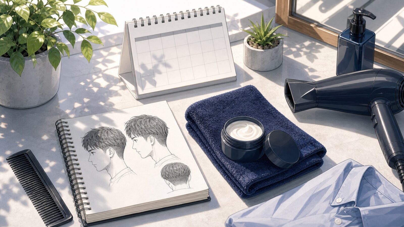 ワックスとコームとドライヤーを並べたメンズヘアセット習慣のまとめイラスト