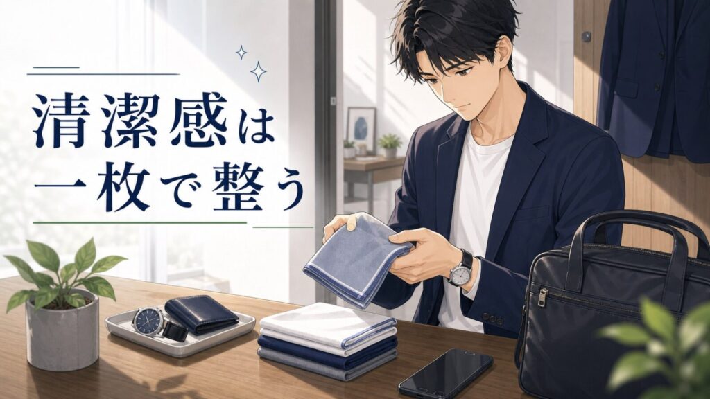 清潔感は一枚で整うというキャッチコピーとハンカチを持つ男性のアニメイラスト
