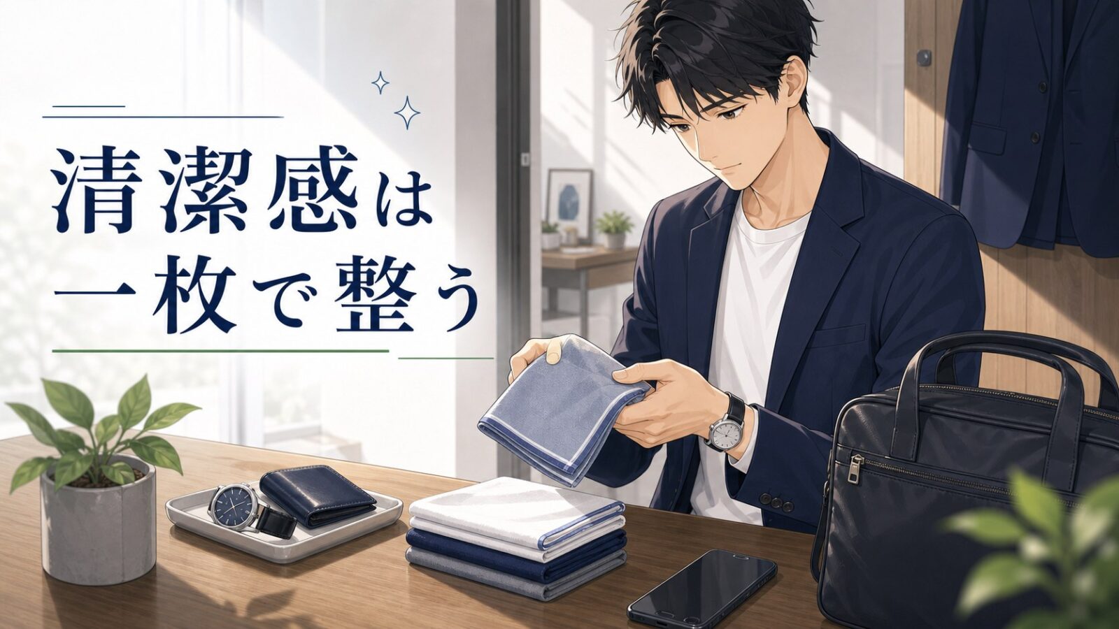 清潔感は一枚で整うというキャッチコピーとハンカチを持つ男性のアニメイラスト