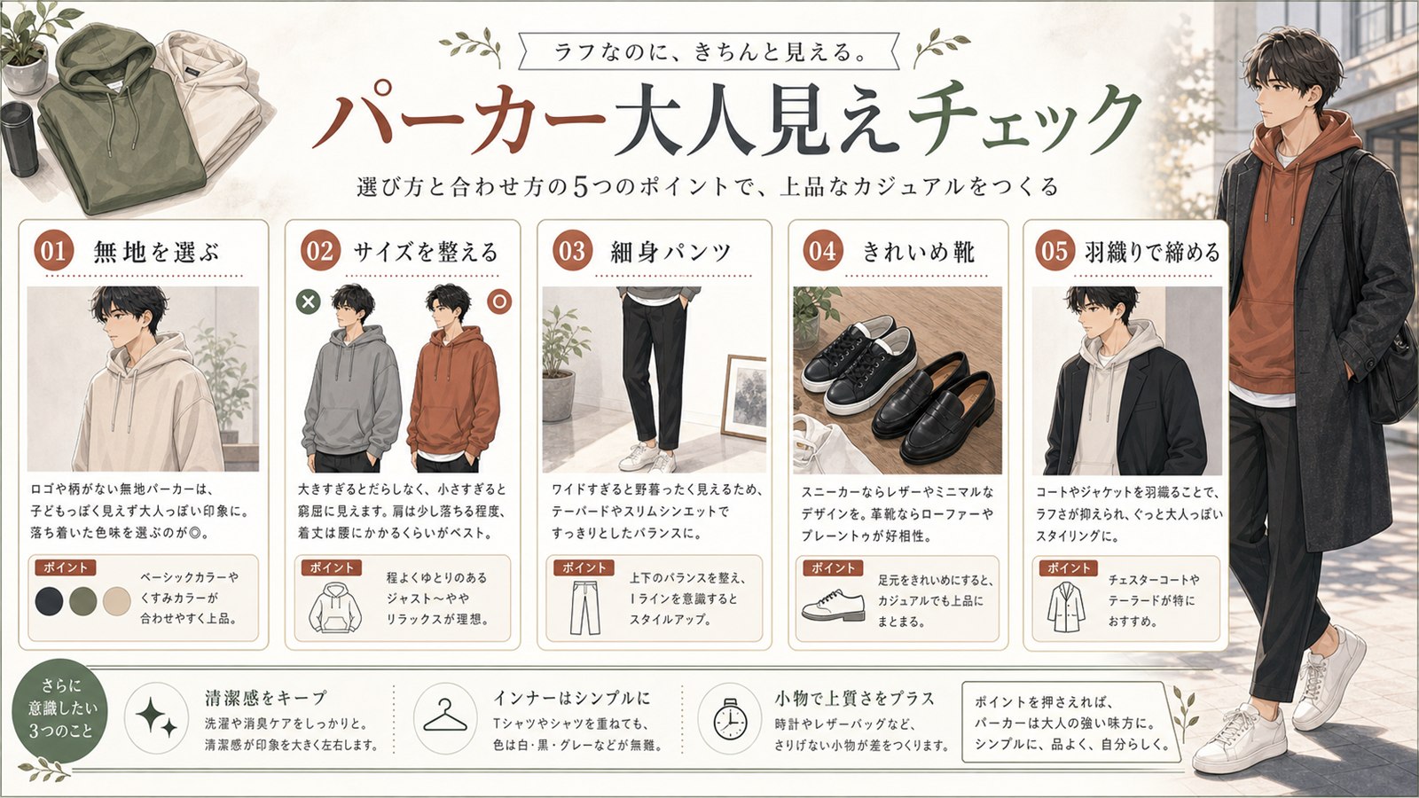 メンズパーカーを大人っぽく着るための日本語チェック図解