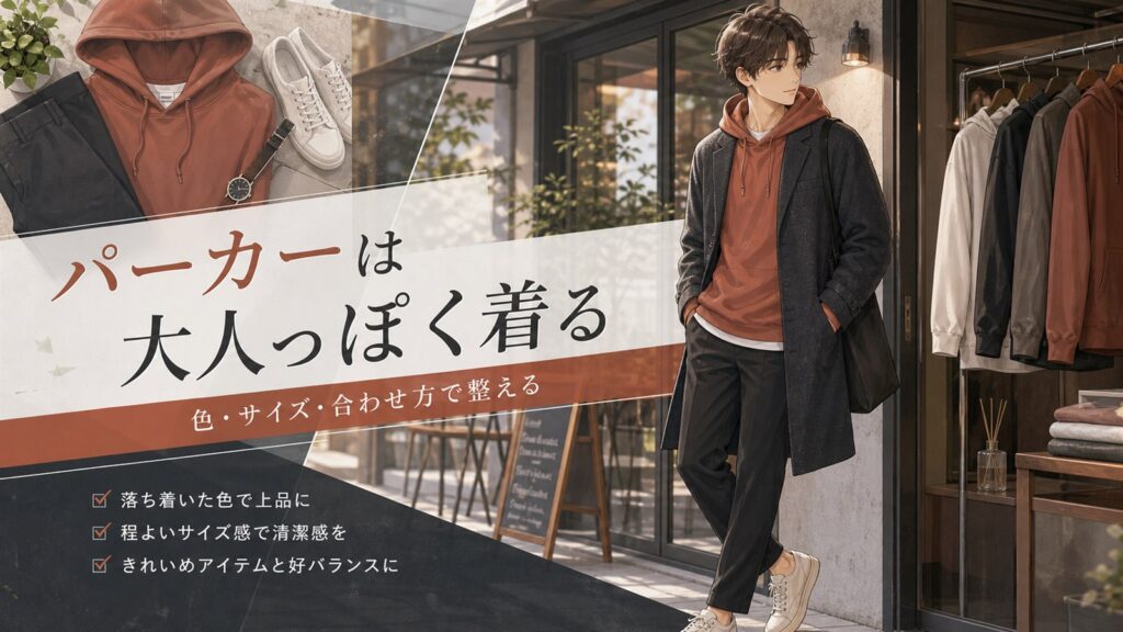 メンズパーカーを大人っぽく着る方法を伝えるアイキャッチ画像