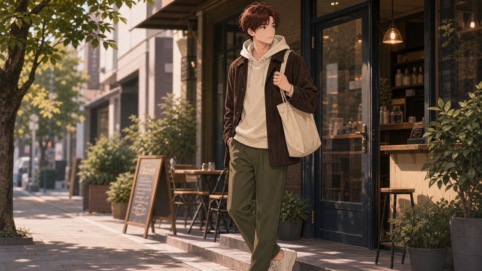 パーカーをカフェ街で大人っぽく着る男性のアニメイラスト