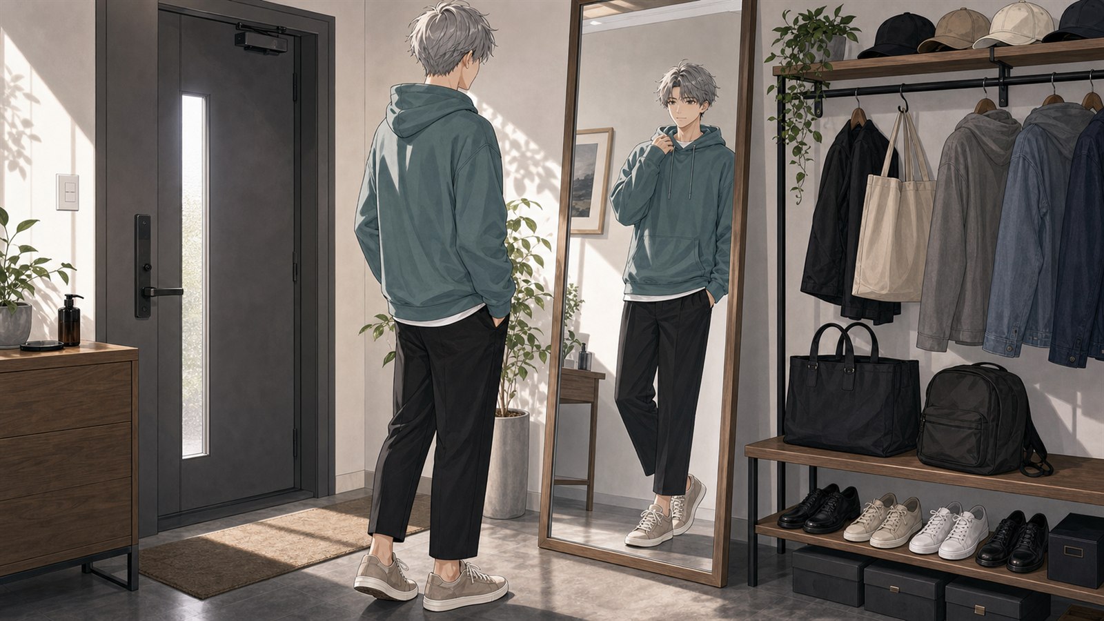 外出前にパーカーコーデを鏡で確認する男性のアニメイラスト