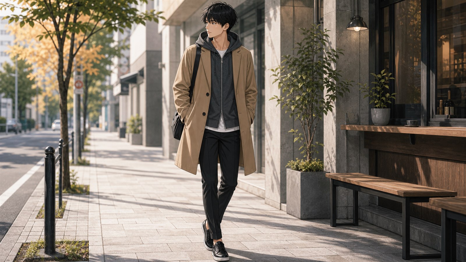 パーカーにコートを重ねて大人っぽく着る男性のアニメイラスト