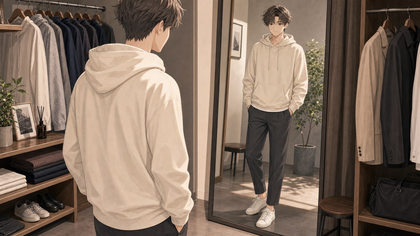 クリーム色のパーカーを鏡で確認する男性のアニメイラスト