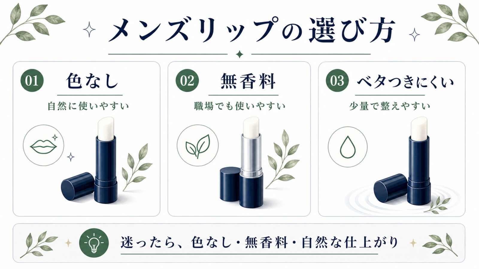 メンズリップの色なし、無香料、ベタつきにくさをまとめた日本語図解
