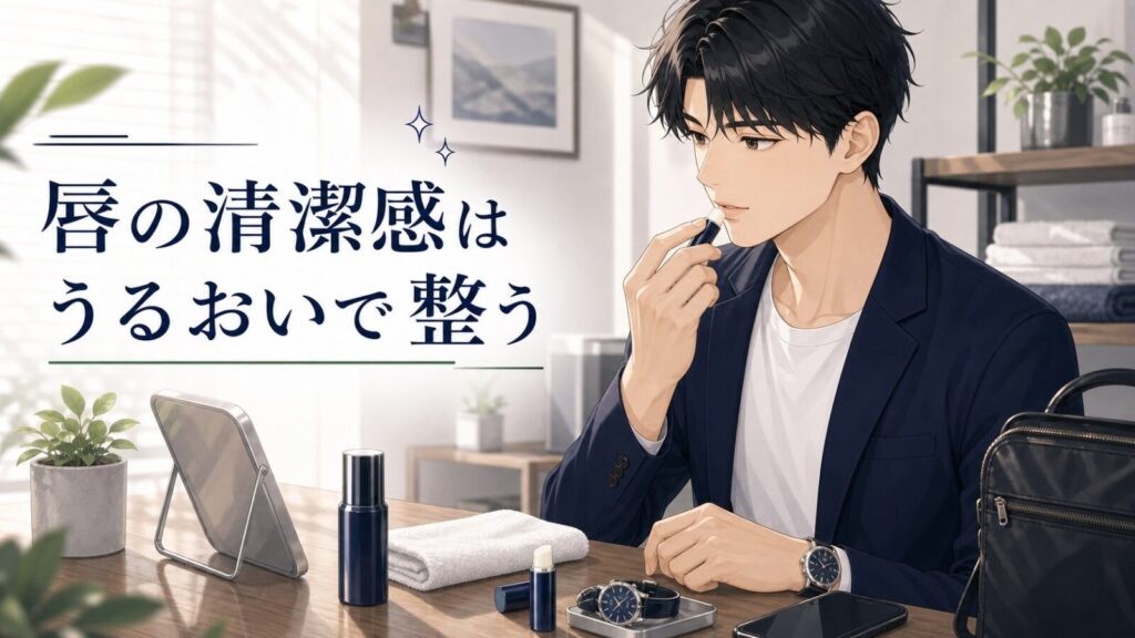 唇の清潔感はうるおいで整うというキャッチコピーとリップケアをする男性のアニメイラスト