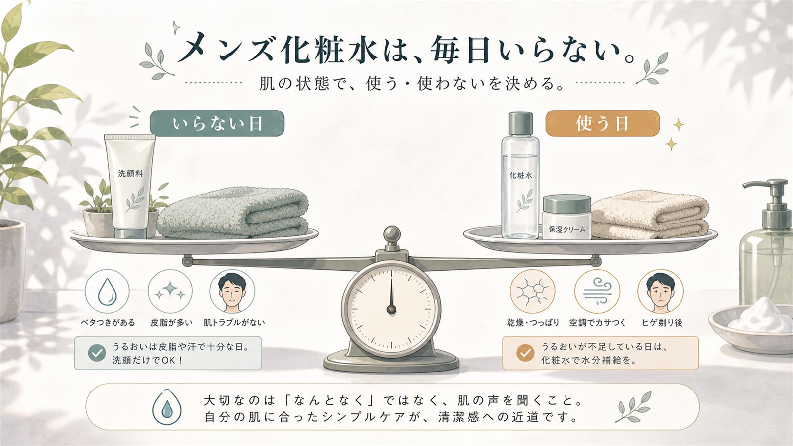 メンズ化粧水はいらない日と使う日を比較したイラスト