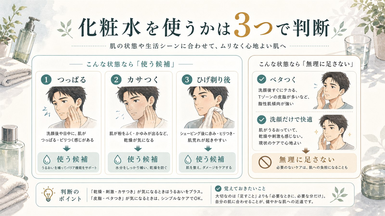 メンズ化粧水を使うか3つで判断する日本語図解