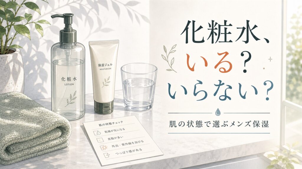 メンズ化粧水はいらないかを考える化粧水と保湿アイテムのアイキャッチイラスト