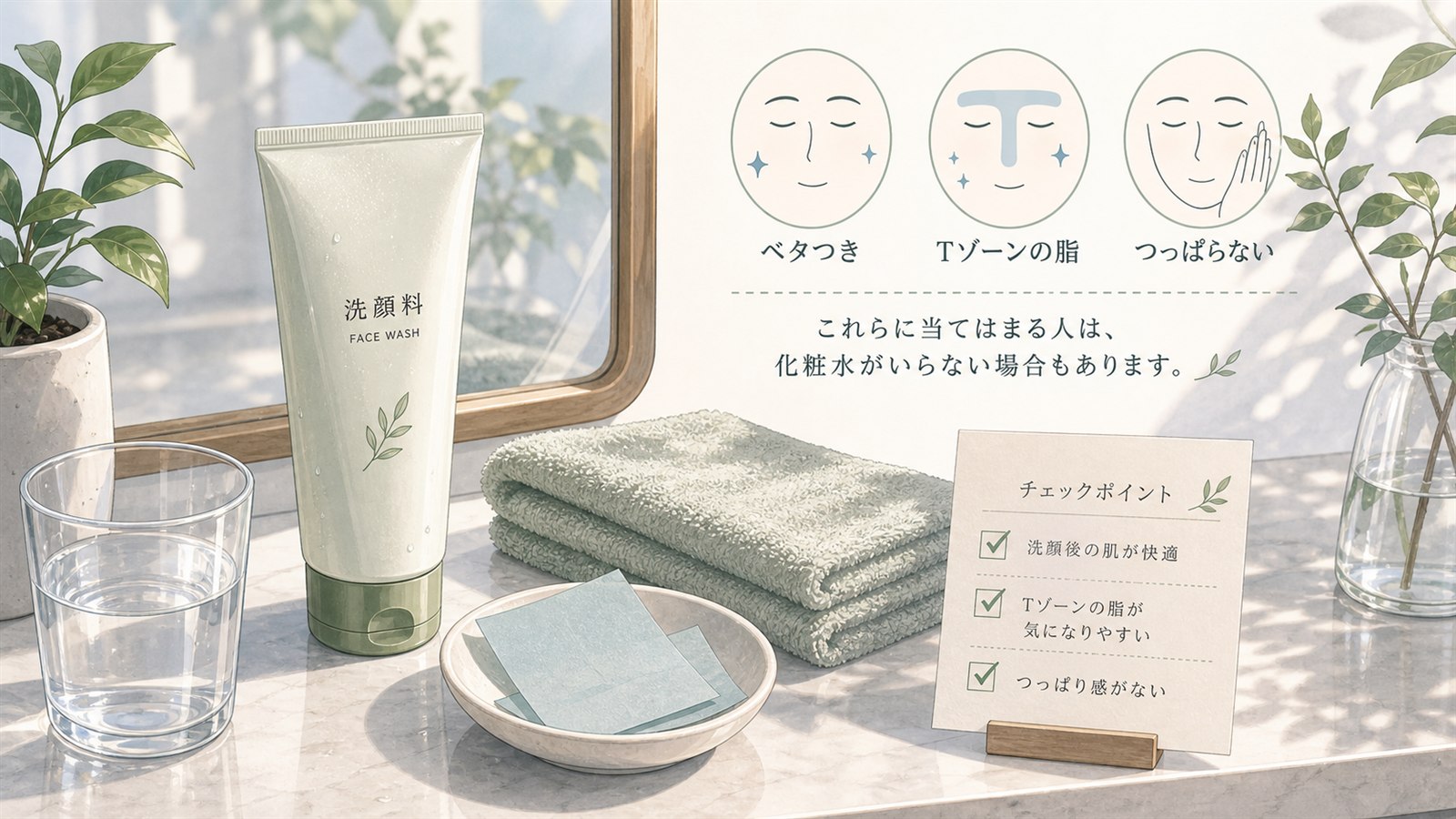 メンズ化粧水がいらない肌状態を示す洗面台イラスト