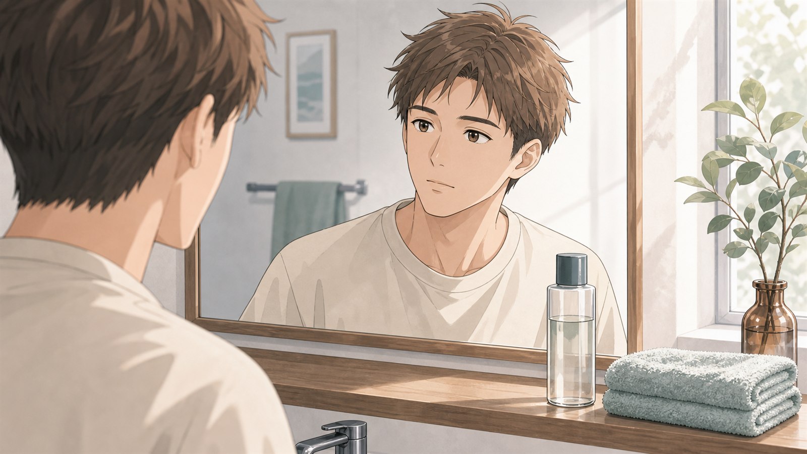 洗顔後にメンズ化粧水が必要か肌状態を確認する男性イラスト