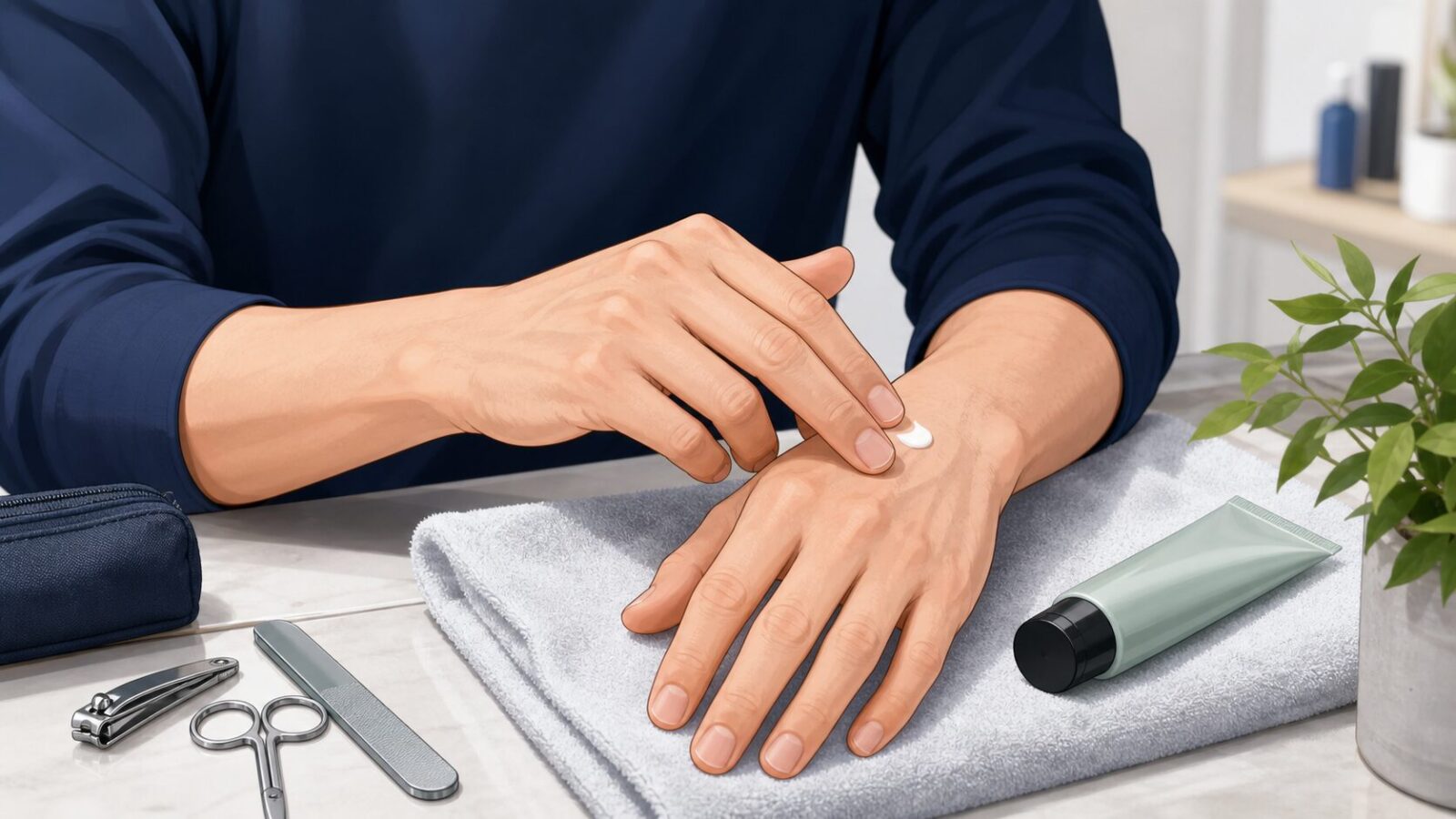 爪の手入れ後にハンドクリームで手元を保湿する男性のイラスト
