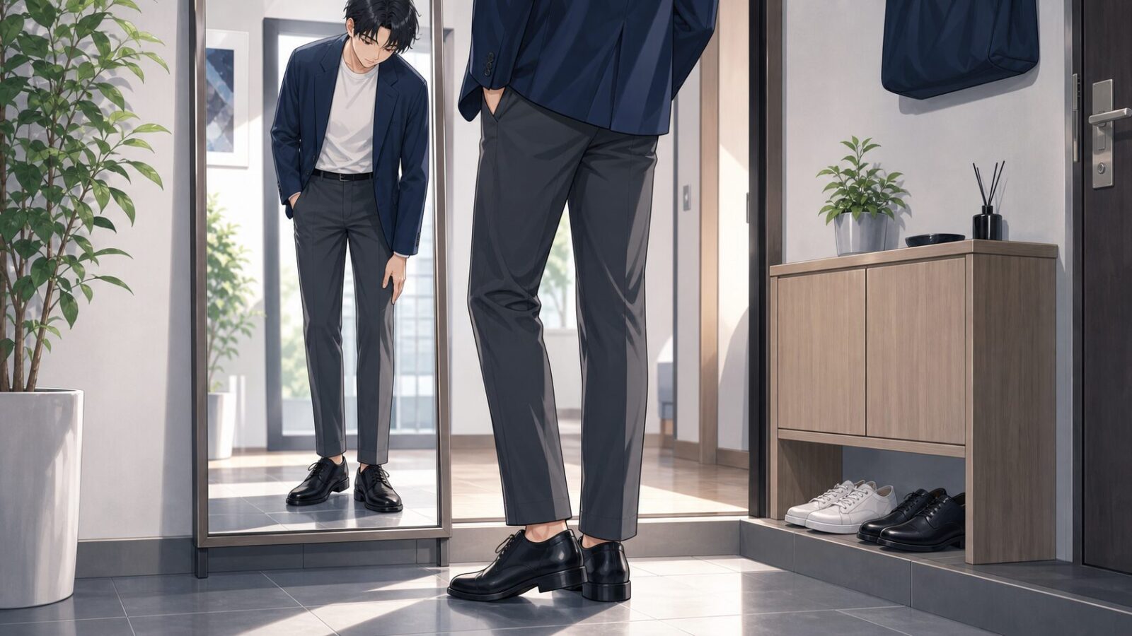 パンツ丈と靴のバランスを鏡で確認する男性