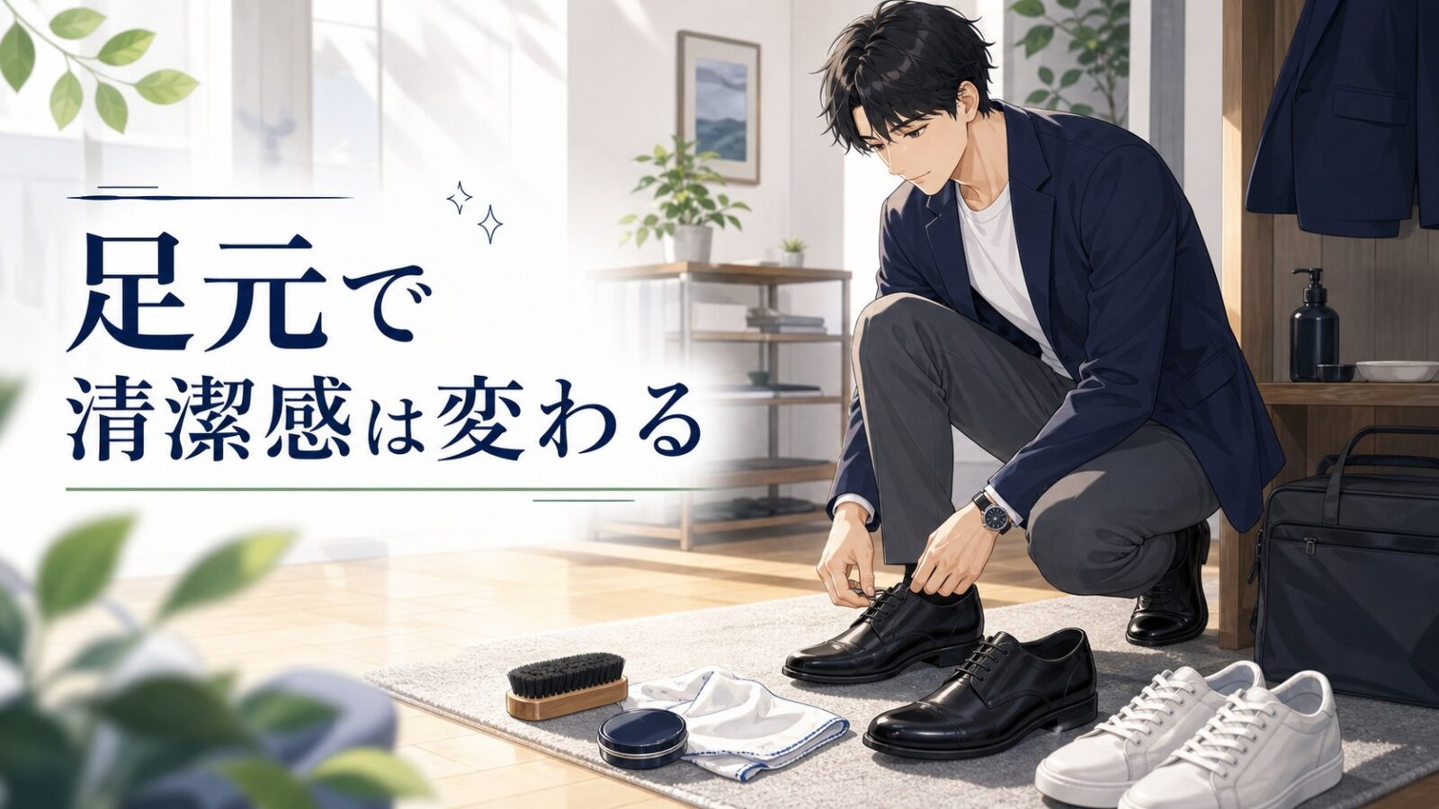 足元で清潔感は変わるというキャッチコピーと靴を整える男性のアニメイラスト