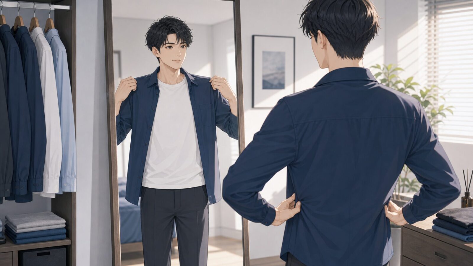 鏡の前でジャケットの肩幅と身幅を確認する男性