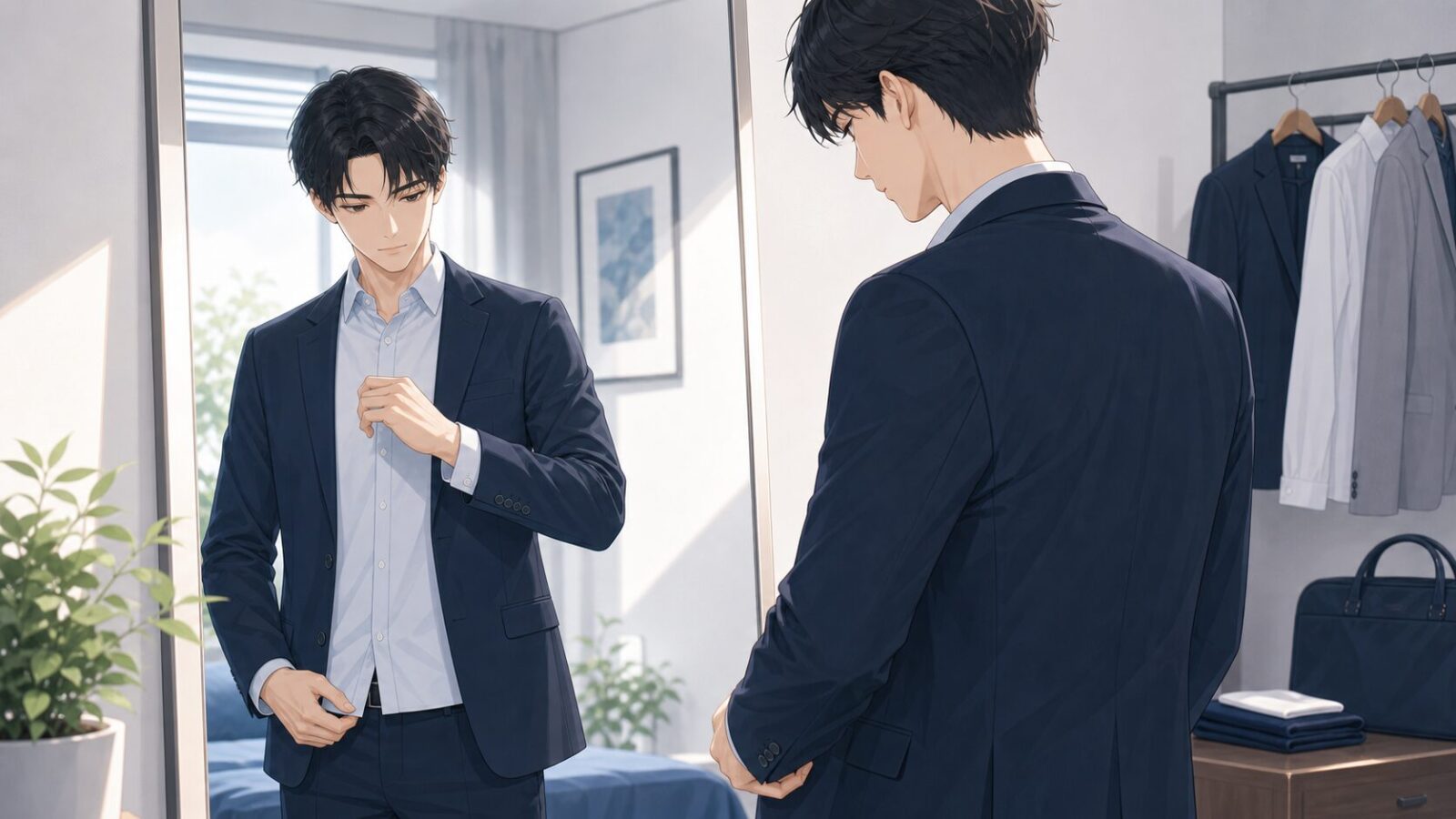 袖丈と着丈を鏡で確認する男性の身だしなみイメージ