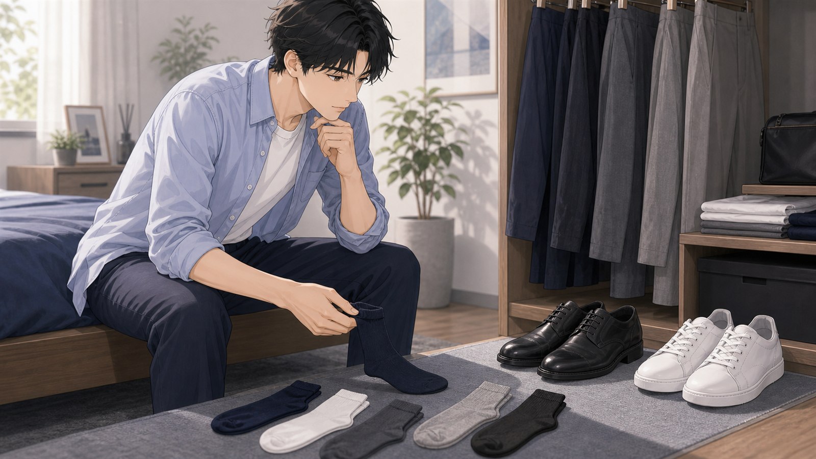 メンズ靴下の色選びでパンツと靴のつなぎ方を考える男性のイラスト
