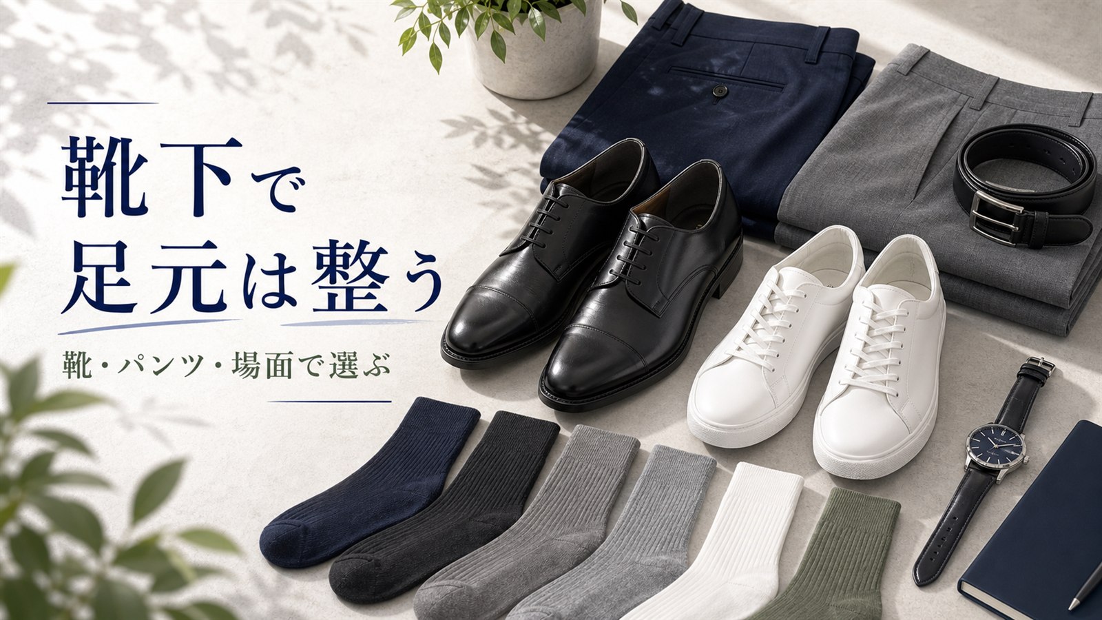 メンズ靴下の色選びと足元コーデを伝えるアイキャッチ画像