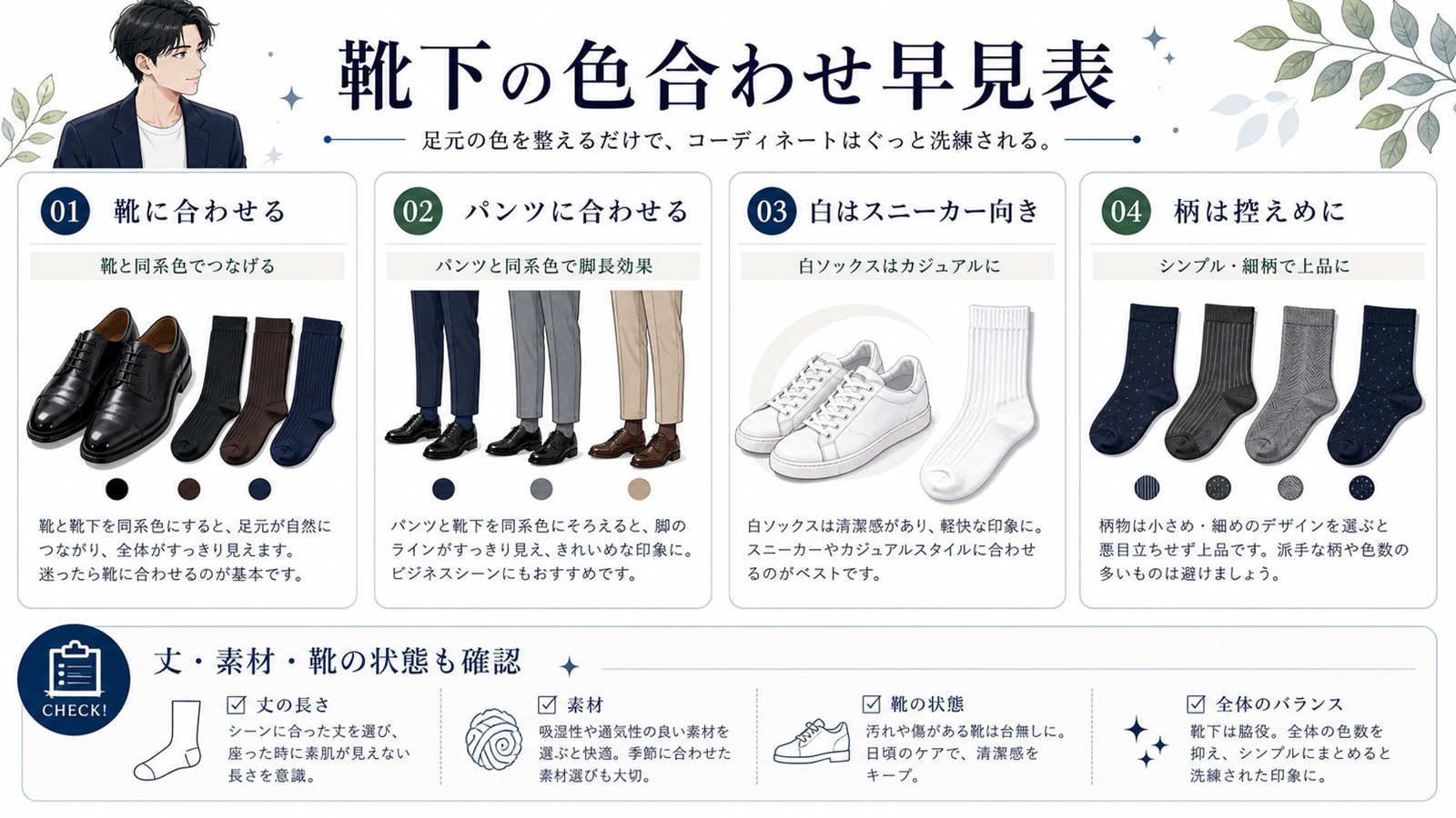 メンズ靴下の色合わせを整理した日本語早見表図解