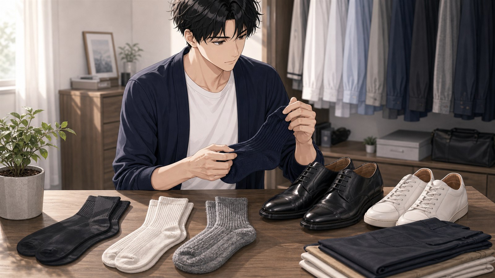 メンズ靴下の素材と厚みを選ぶ男性のイラスト