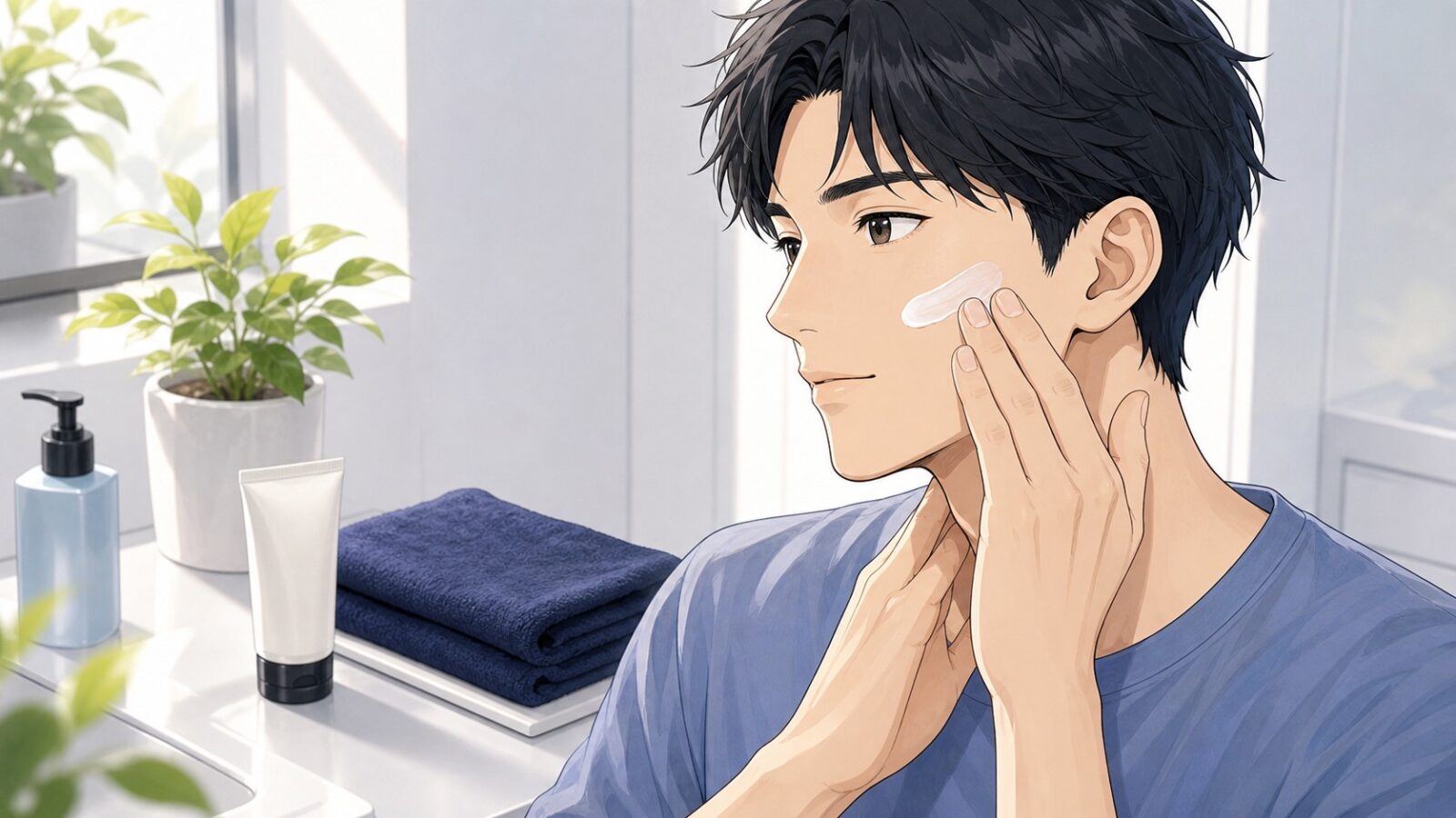 男性が顔と首に日焼け止めを薄くなじませるイラスト