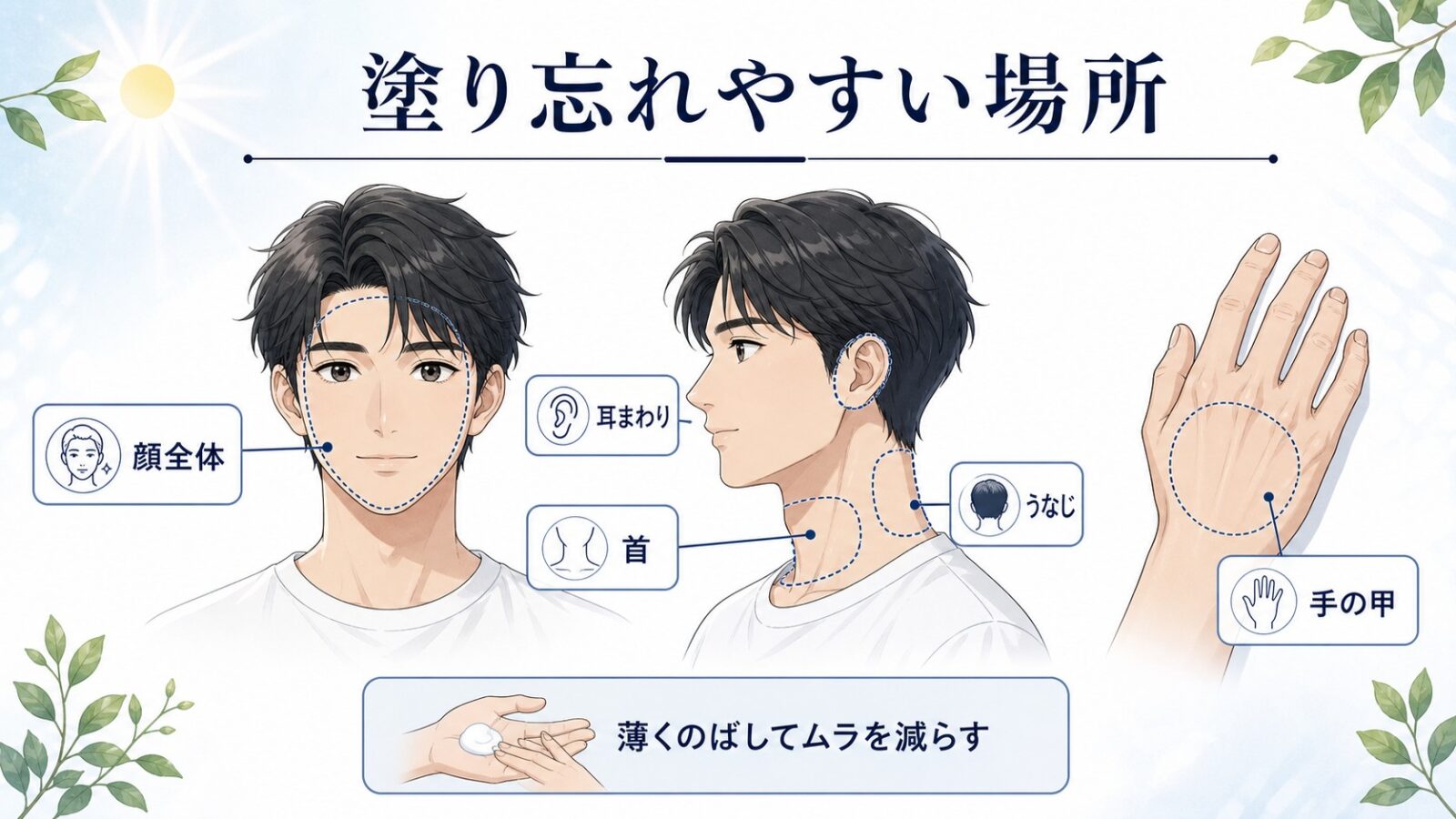 日焼け止めを塗り忘れやすい顔や首の場所を示した日本語図解