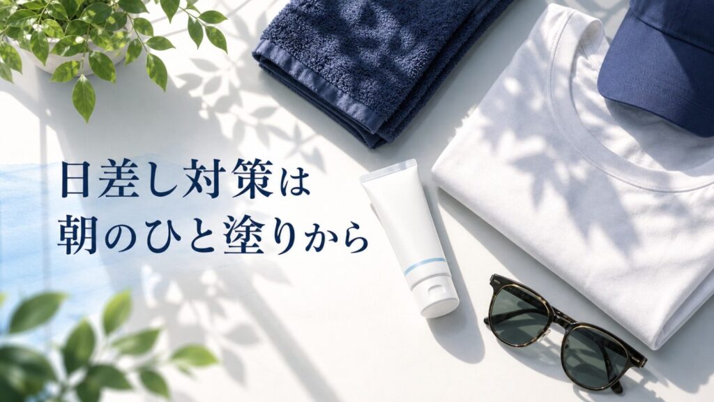 日焼け止めと夏小物を並べた初心者向けメンズ日焼け止め記事のアイキャッチイラスト