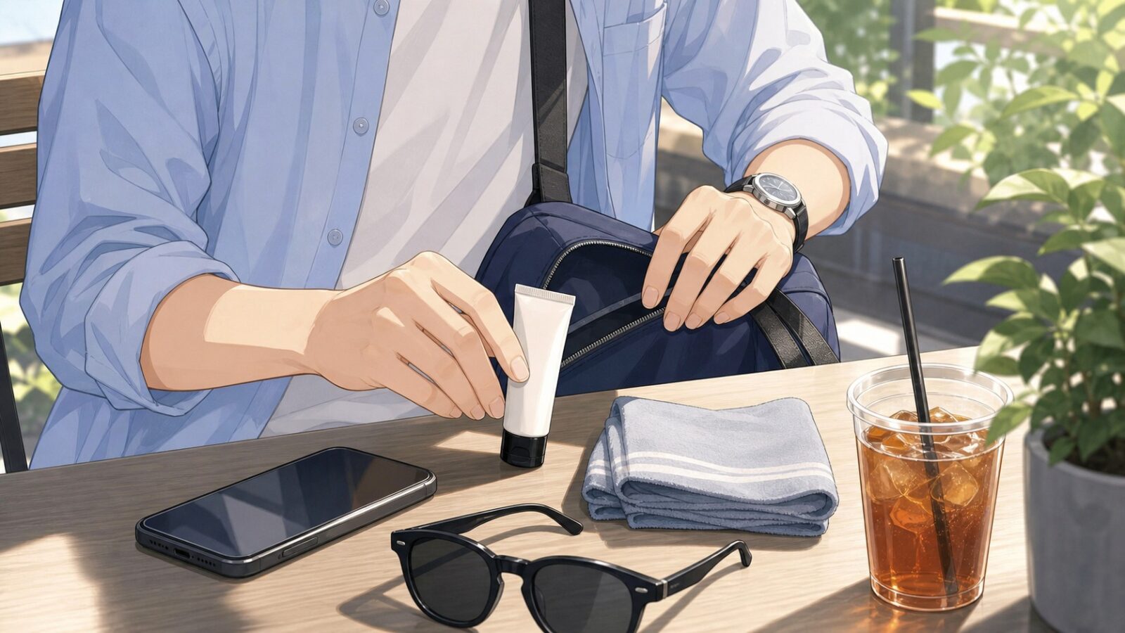 外出先で日焼け止めを持ち歩き直す男性の手元イラスト