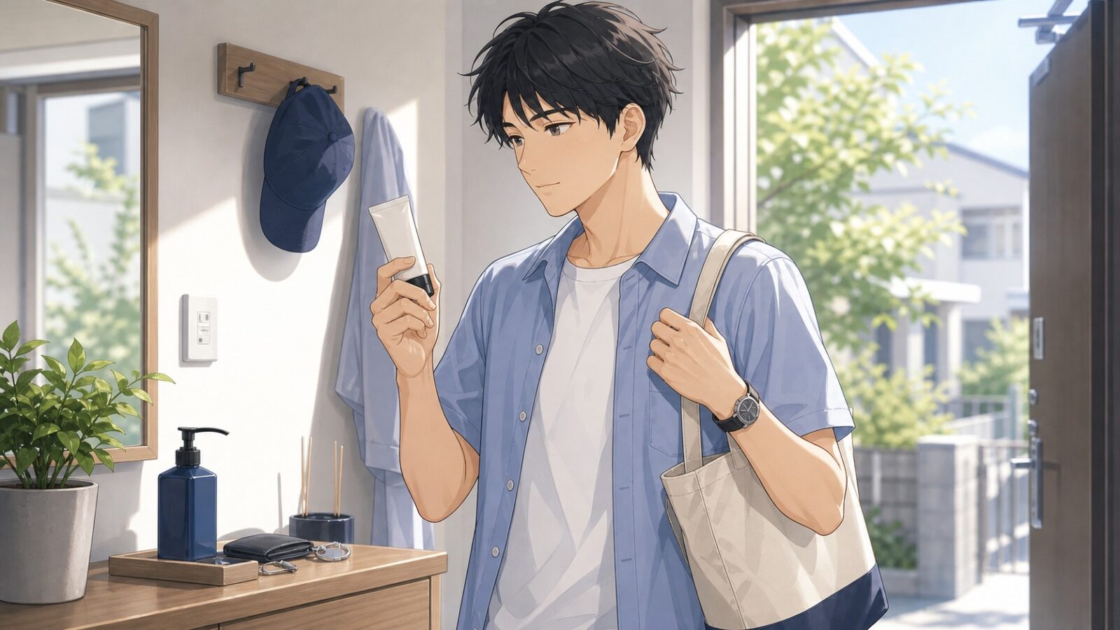 外出前に日焼け止めを持つ男性の朝の身だしなみイラスト