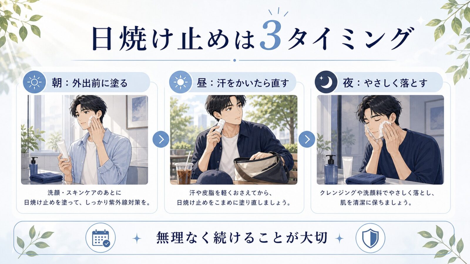 朝昼夜の日焼け止め習慣を3タイミングで示した日本語図解