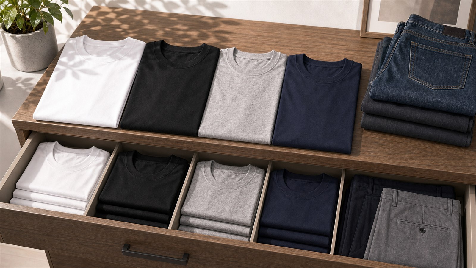 白黒グレー紺のメンズTシャツを引き出しにそろえるイメージ
