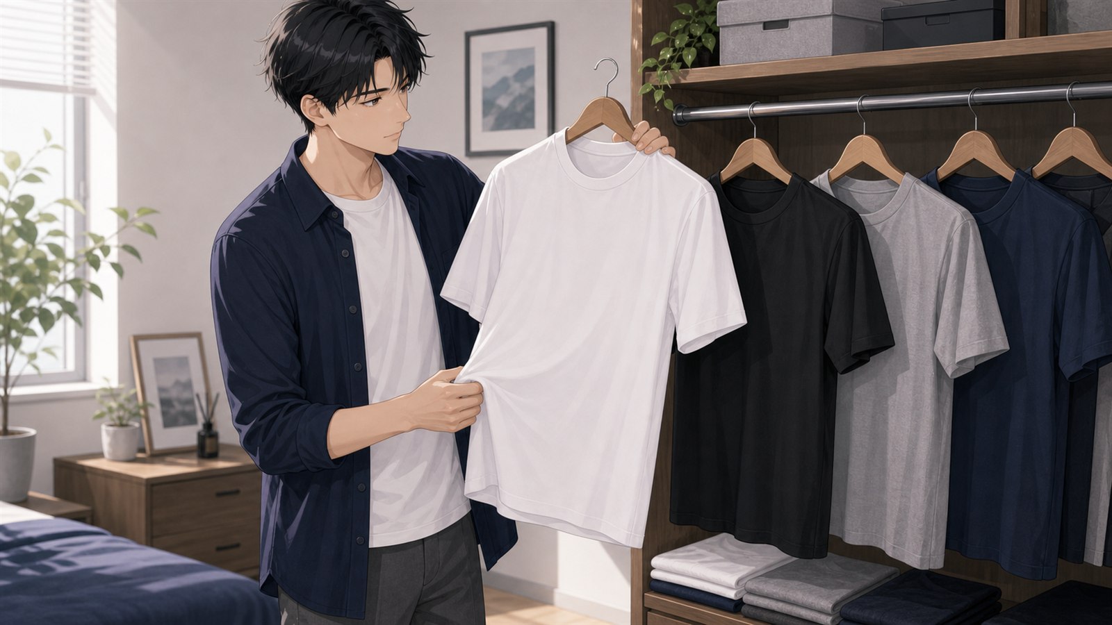 メンズTシャツの首元と色を選ぶ男性のイラスト