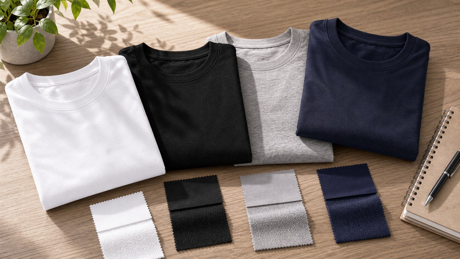 メンズTシャツの生地の厚みと基本色を比較するイメージ