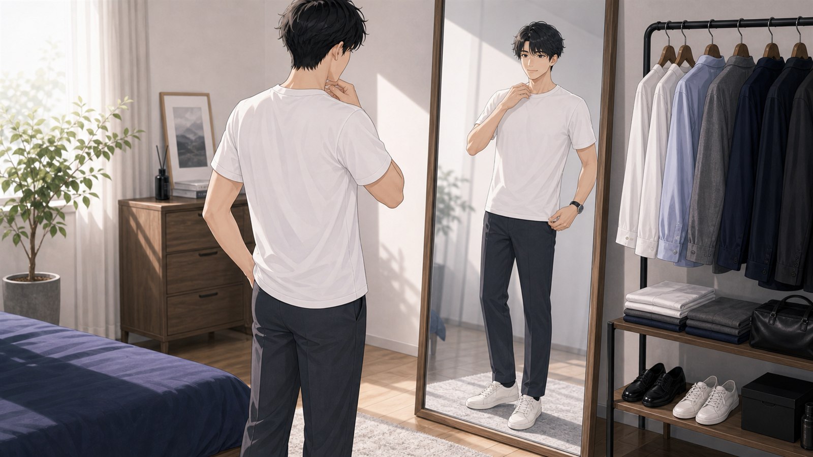 外出前にTシャツの首元とサイズ感を鏡で確認する男性のイラスト