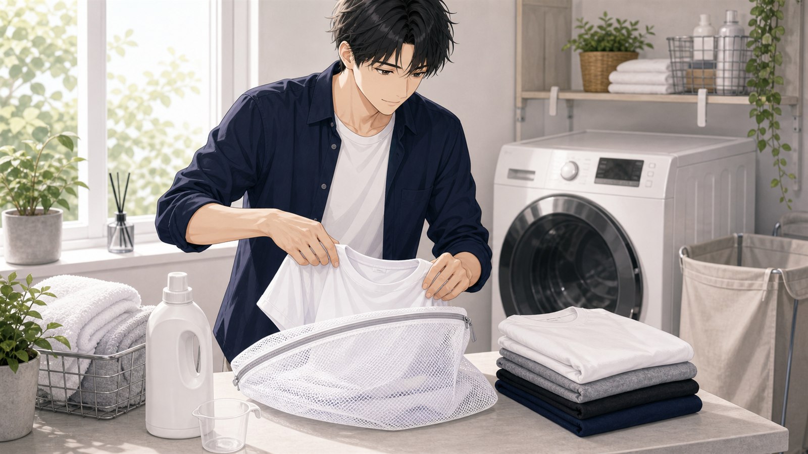 Tシャツを洗濯ネットに入れて首元のよれを防ぐ男性のイラスト