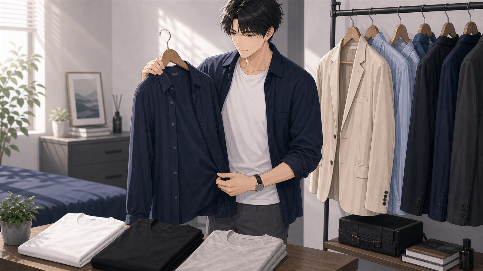 無地Tシャツをシャツやジャケットの下に合わせる男性のイラスト