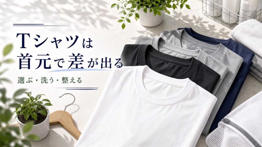 メンズTシャツの首元よれ対策を伝えるアイキャッチ画像