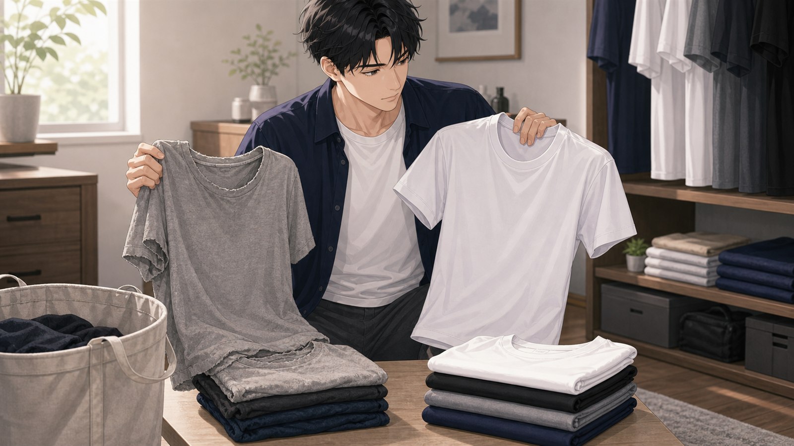 よれたTシャツと外出用Tシャツを分ける男性のイラスト